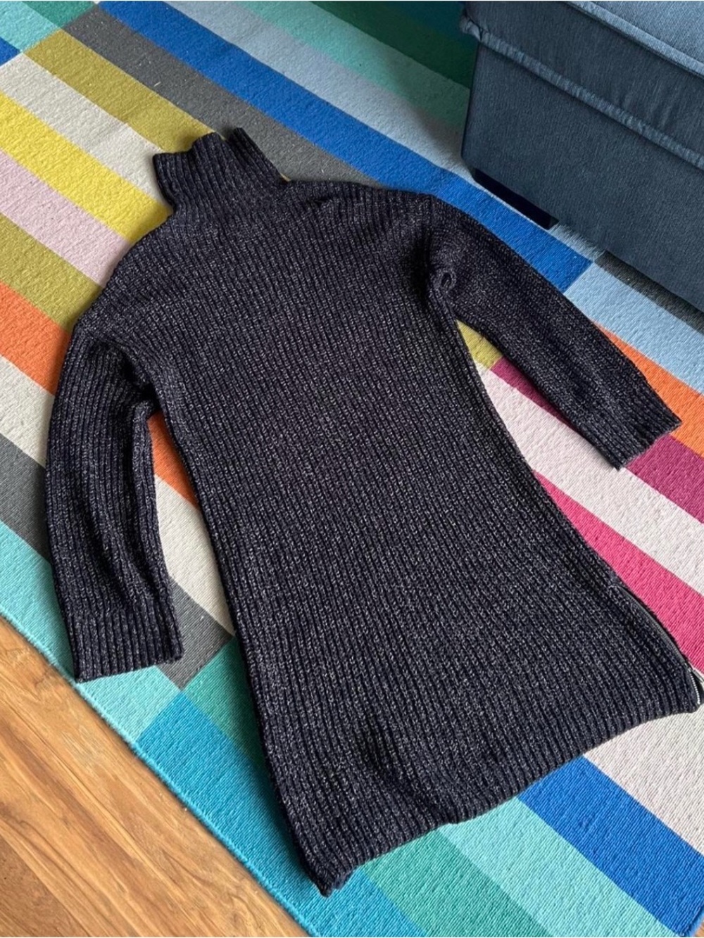 Ribbed Turtleneck Knit Sweater Dress - Black